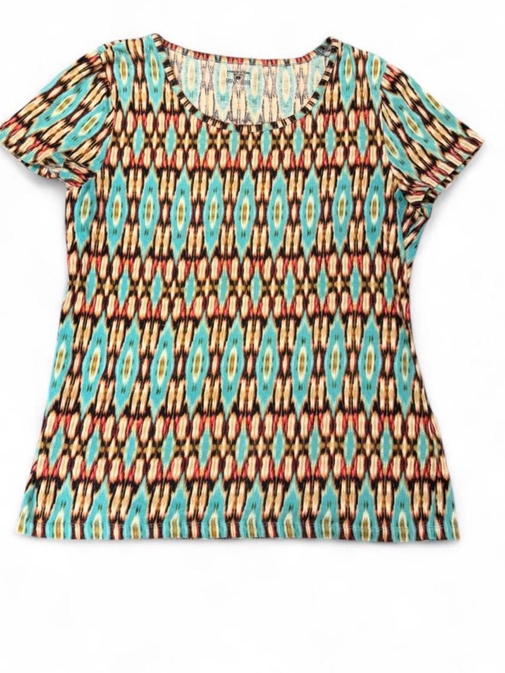 Jones New York Short Sleeve Scoop Neck Top in Turquoise Ikat